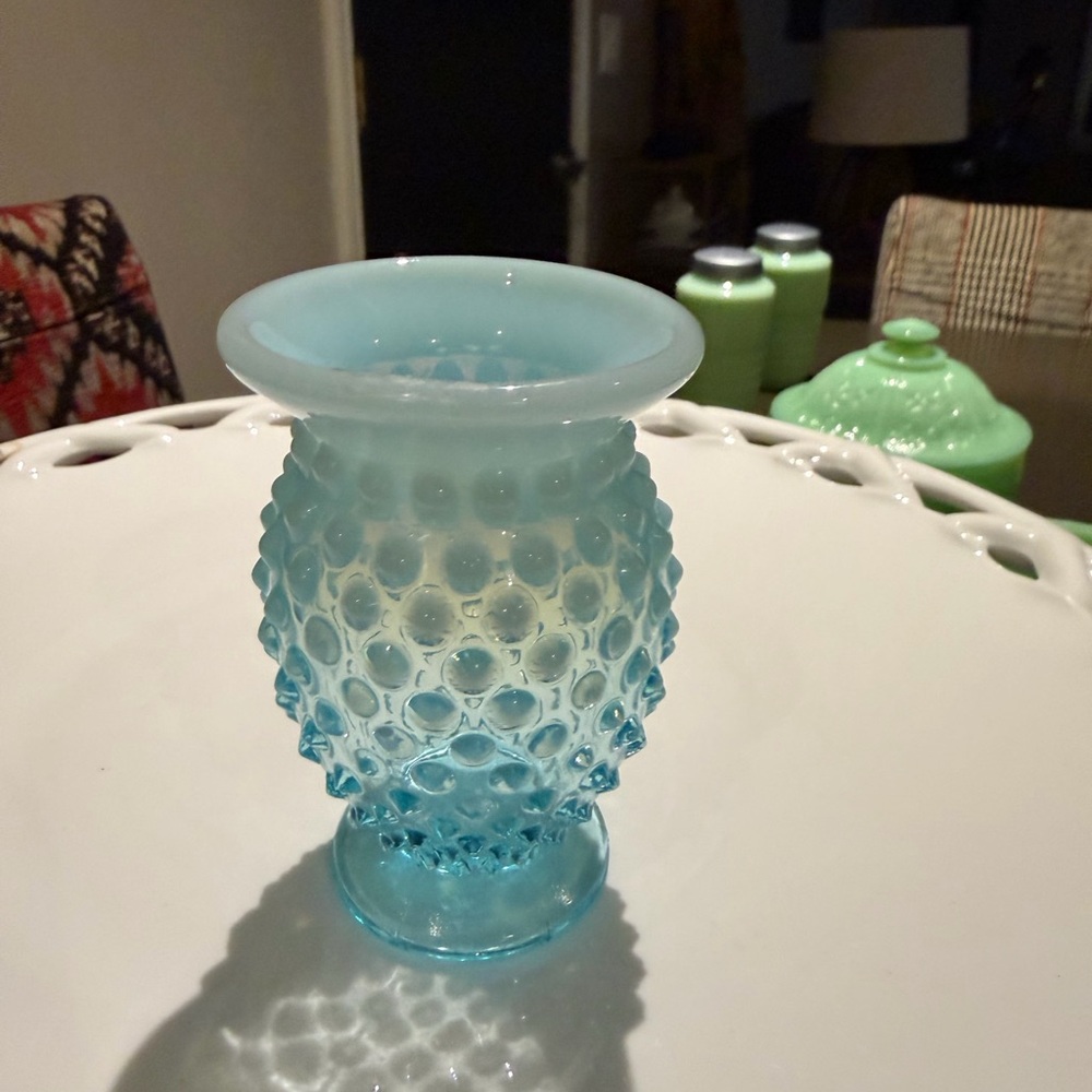 Fenton Aqua Blue Opalescent Hobnail Glass Vase